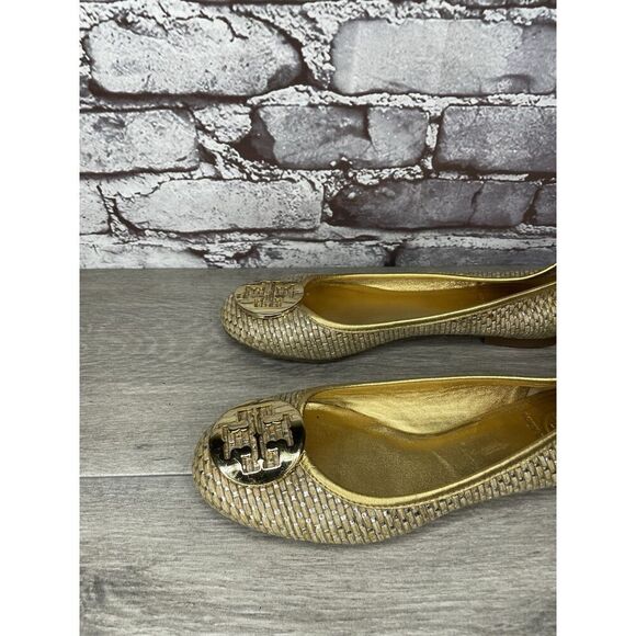 Tory Burch Straw Reva Gold Leather Logo Ballet Flats Women’s Sz 7.5M US/38EU - Picture 7 of 16